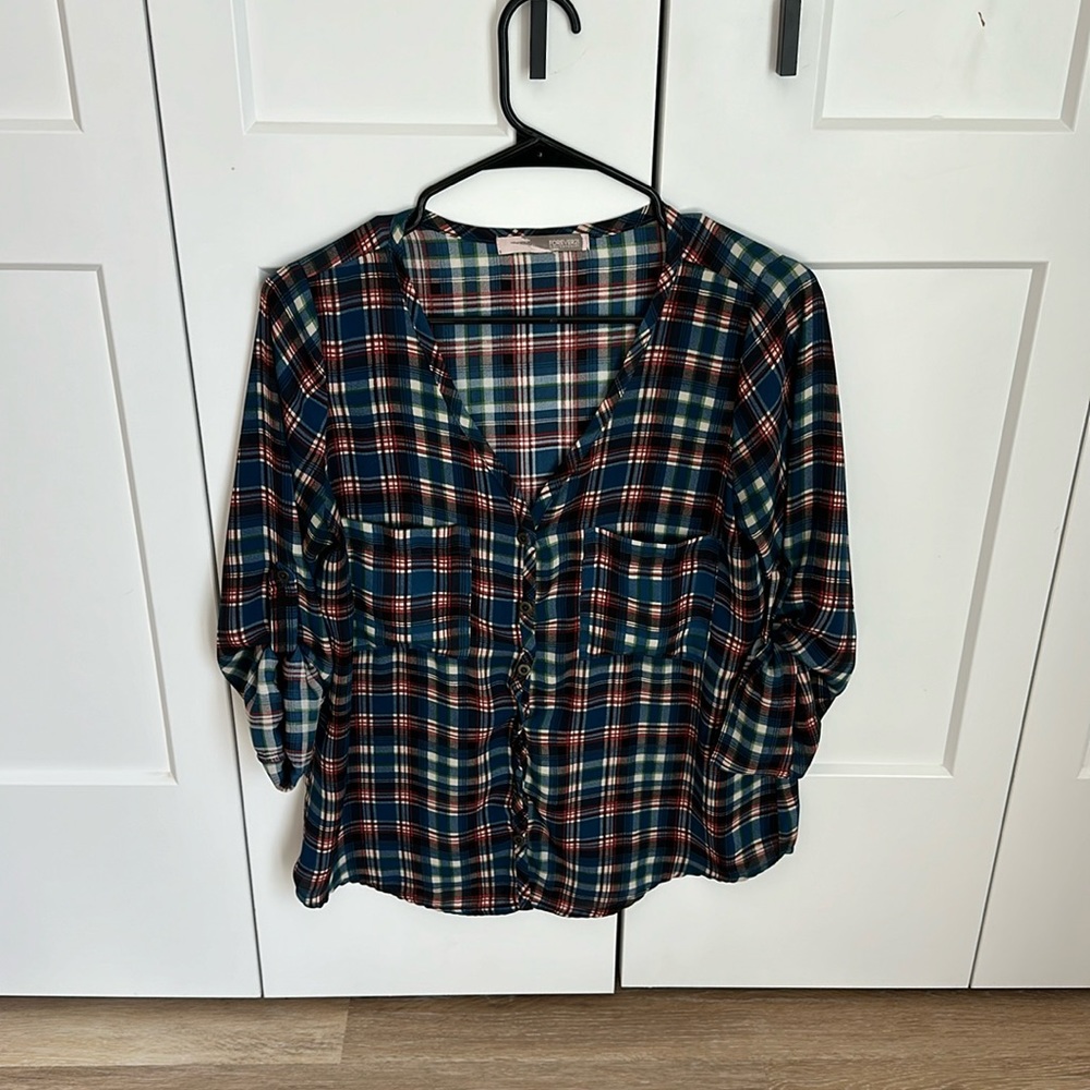 Multicolor Plaid blouse. Red, blue, green, cream, black. Silky material.